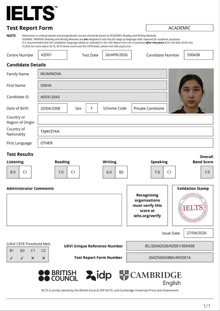 IELTS — OISHA MUMINOVA